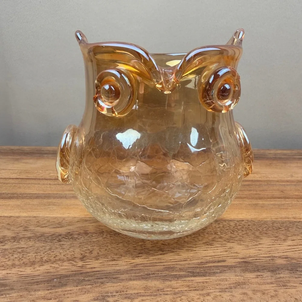 Vintage‎ Amber Crackle Glass Owl Votive Holder Yellow Iridescent Bird 4 inch